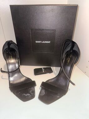 Saint Laurent “Amber” 105 Black Suede Square-Toe Ankle-Strap Heels